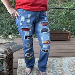 Women's Blue Distressed Jeans with Chiefs Patches